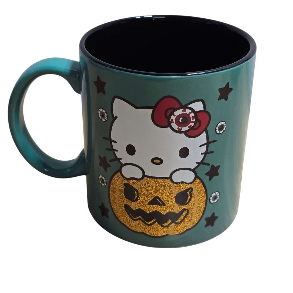 Sanrio Hello Kitty Halloween 20oz Coffee Mug Glitter Pumpkin Eyeball Green 2023